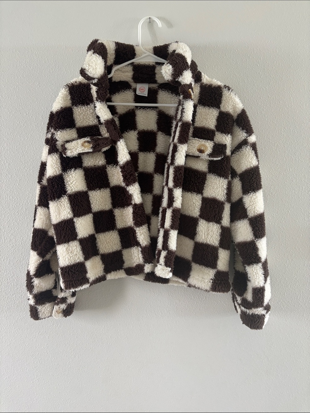 wonder nation Brown and Cream Checkered Fuzzy Puffer Jacket